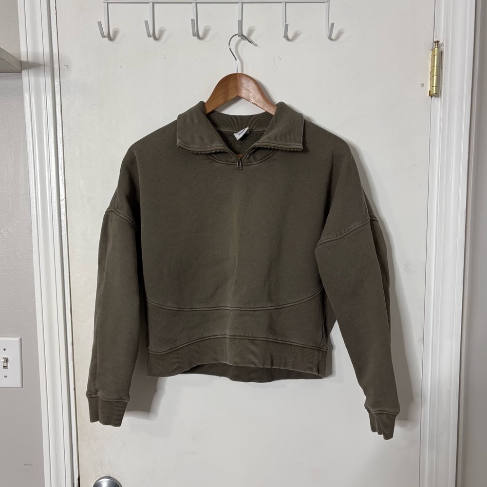 Outdoor Voices French Terry Sweatshirt 1/4 zip Women Olive Green 100% Cotton